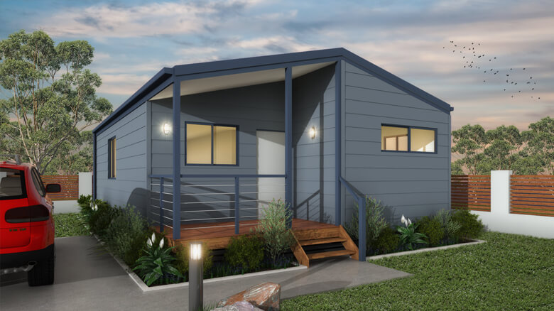 Rendered image of a 1 storey 2 dedroom portable home