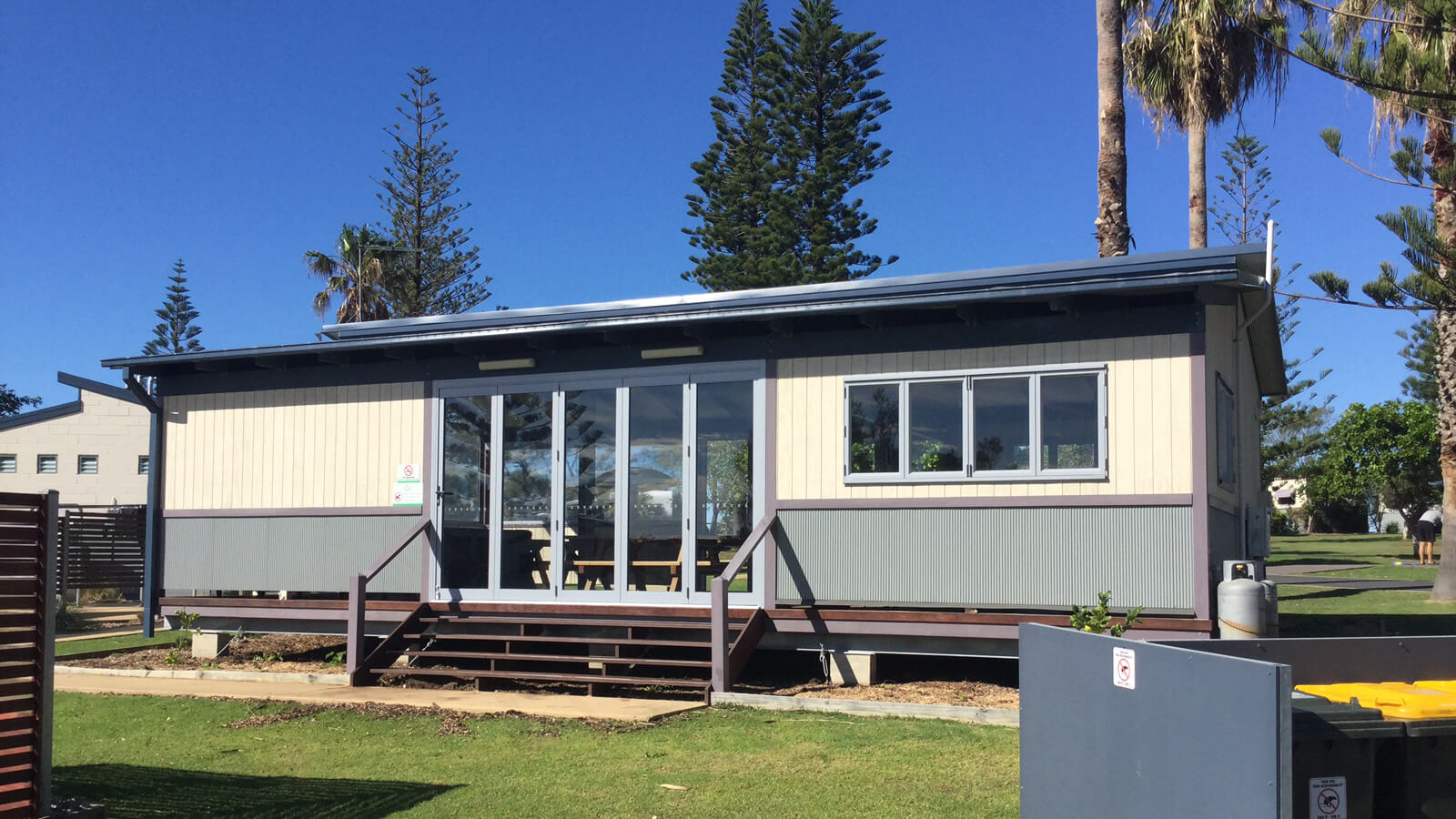 A disabled Cabin with wheelchair ramp access and handrails