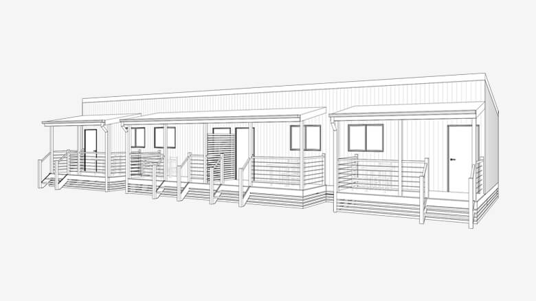 Image of an outlined modular studio accommodation building
